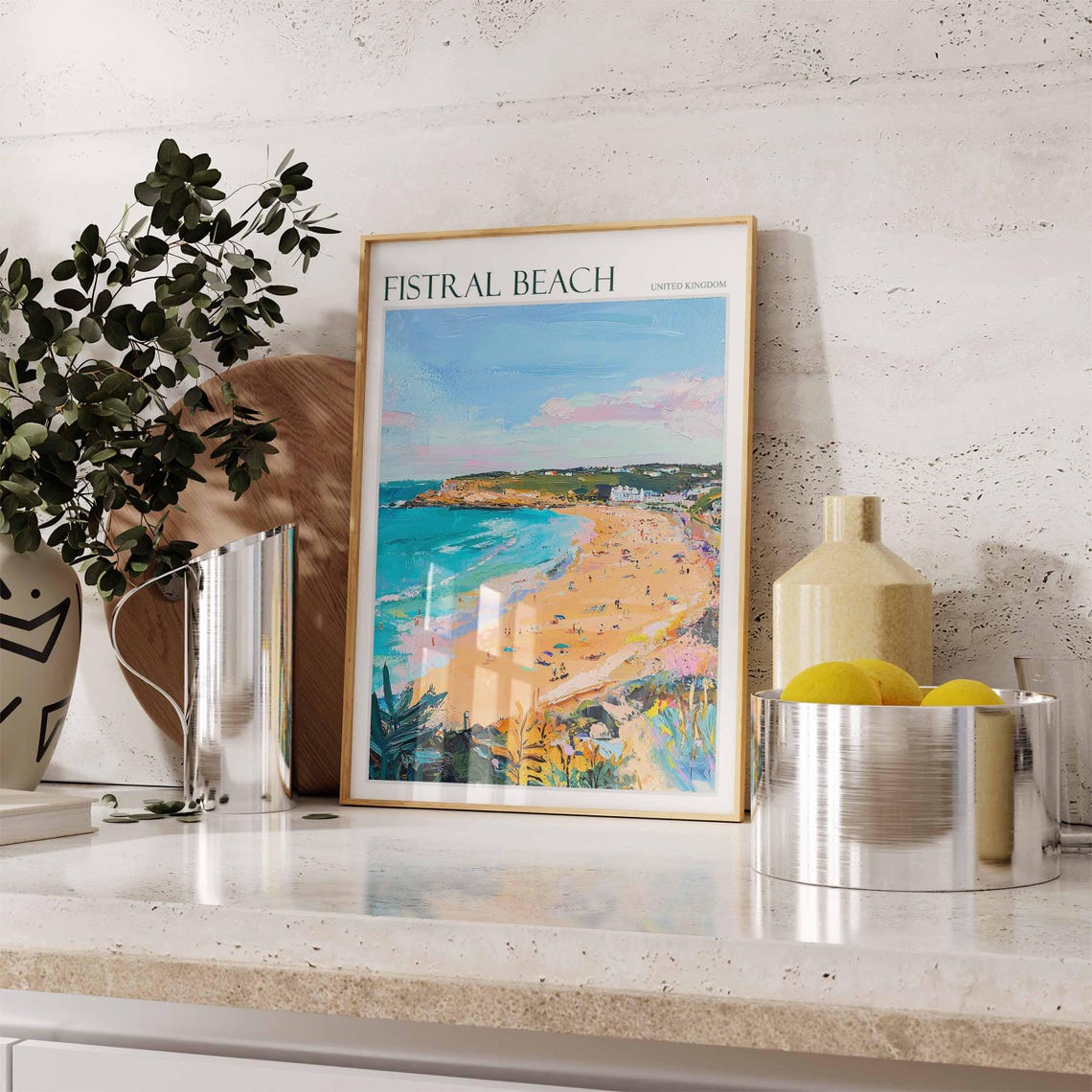 Fistral Beach United Kingdom Busy Shoreline Cliffs Surf Poster - Image 2
