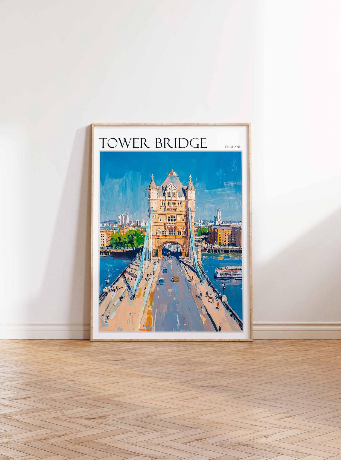 Tower Bridge Roadway Traffic Bright Blue Sky Painted Art Poster - Image 2