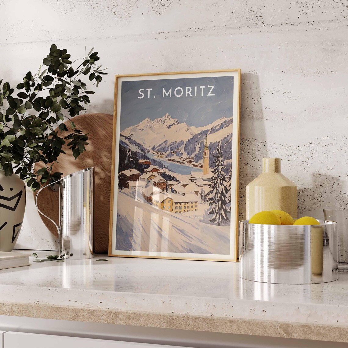 St. Moritz Switzerland Watercolor Lake Village Peaks Alpine Poster - Image 2