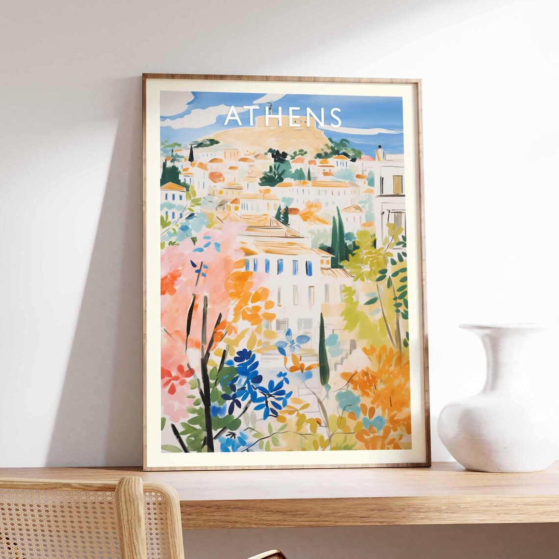 Athens Acropolis Blooming Garden Watercolor Greece Travel Poster