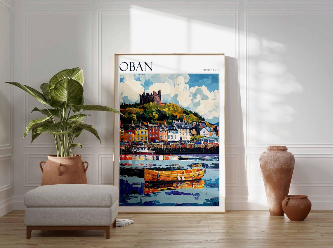 Oban Harbor Castle Hill Rowboat Reflection Scotland Travel Poster - Image 4