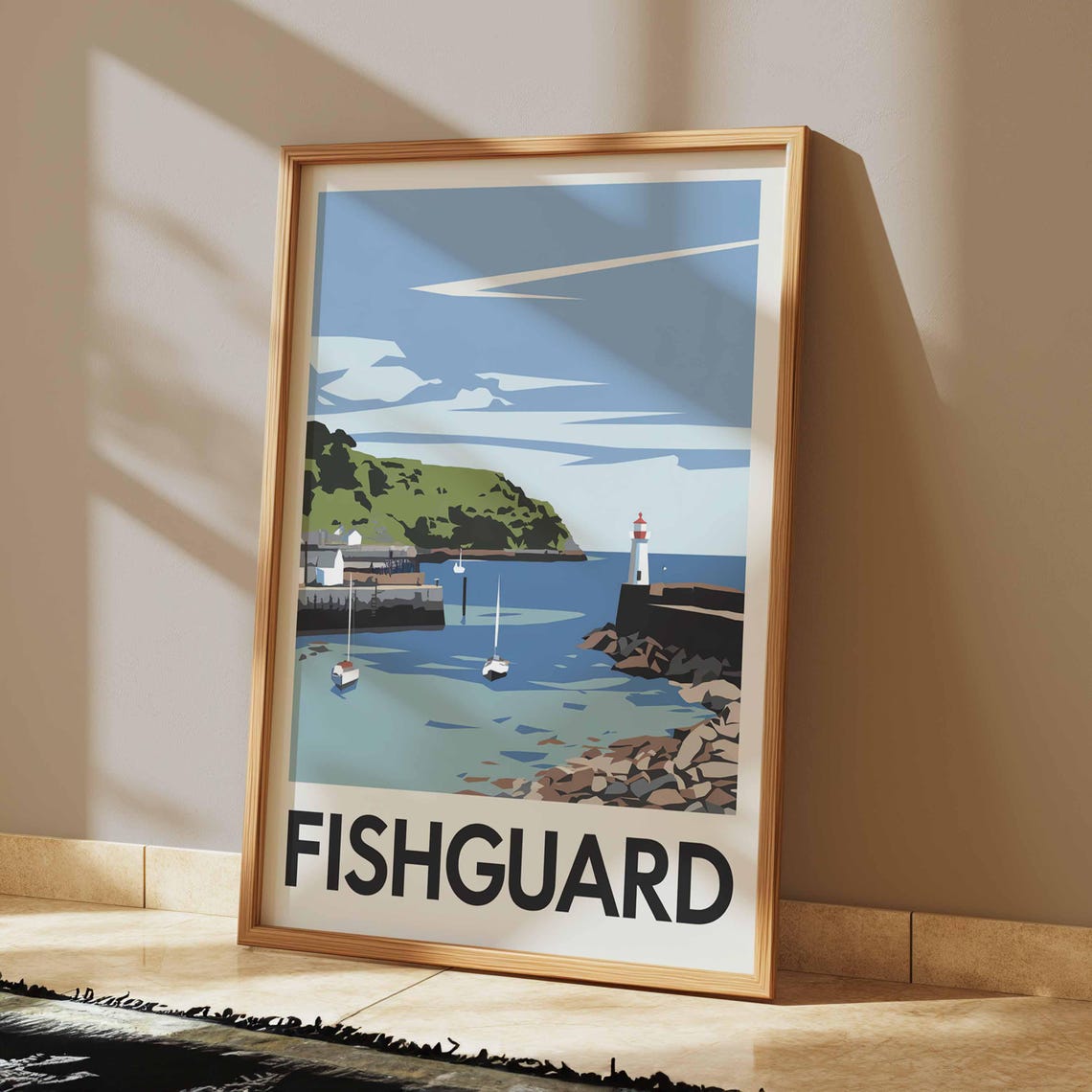Fishguard Harbour Sailboats and Lighthouse Minimal Travel Poster - Image 2