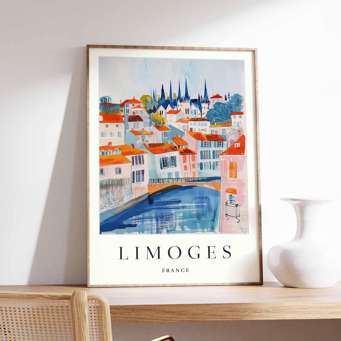 Limoges France River Bridge and Church Spires Watercolor Travel Poster