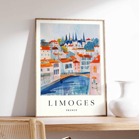 Limoges France River Bridge and Church Spires Watercolor Travel Poster