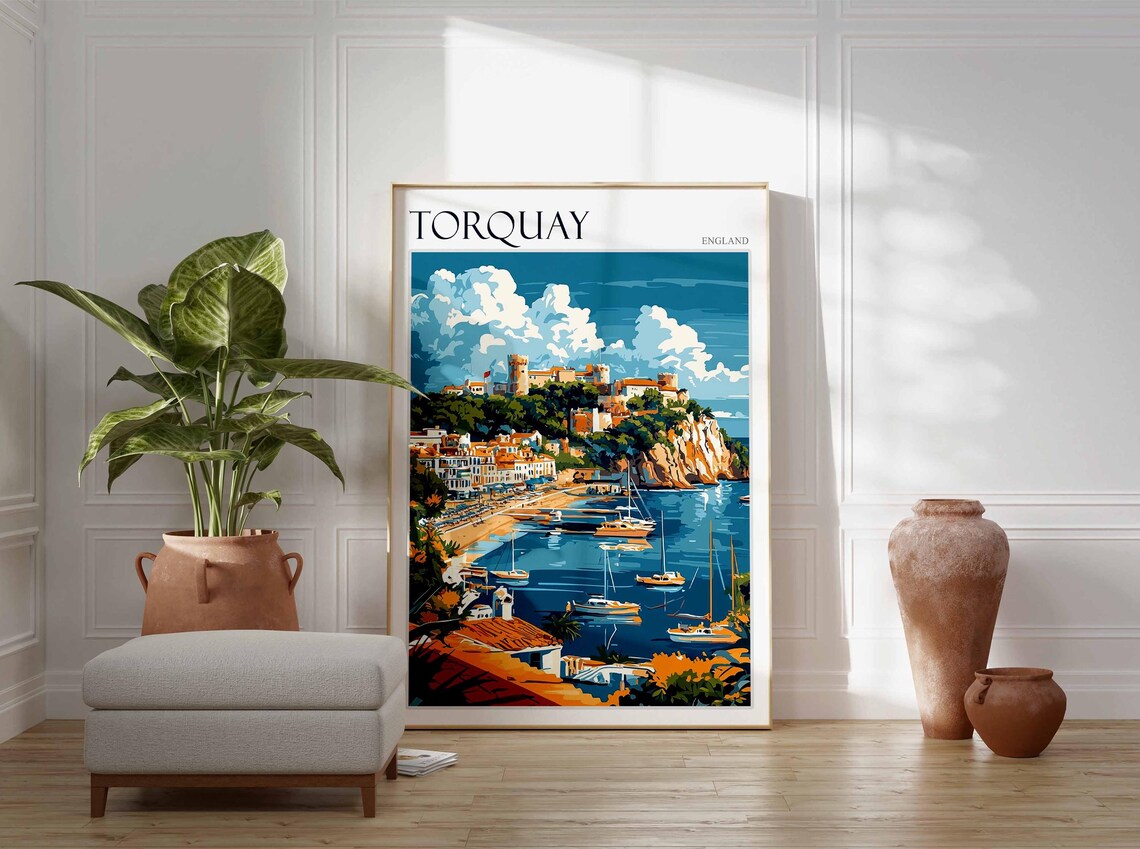 Torquay Harbor Sailboats Hilltop Castle Clouds Bright England Poster - Image 2