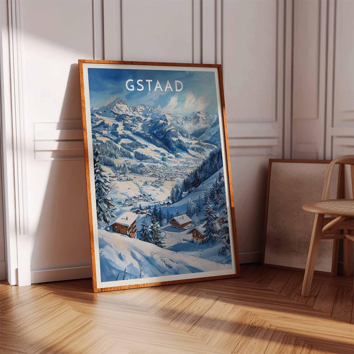 Gstaad Swiss Alpine Snowy Winter Peak Chalets Blue Sky Poster - Image 2