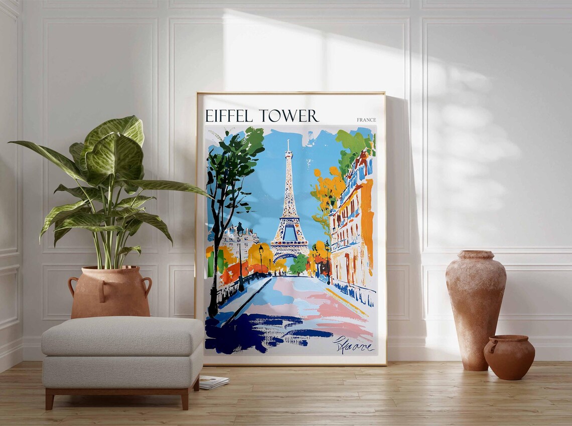 Eiffel Tower France Travel Poster Paris Street Autumn Trees Painting - Image 2
