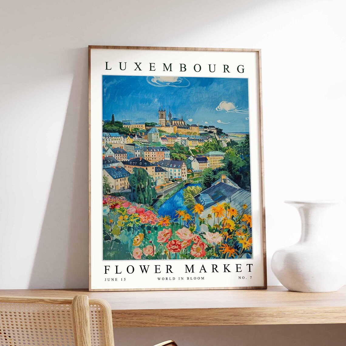 Luxembourg Flower Market Cathedral Town Blue River Bloom Art Poster