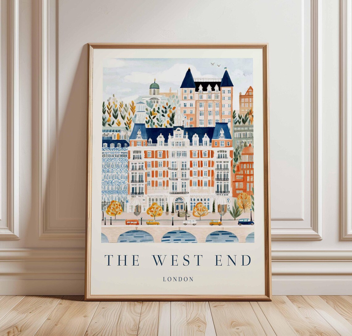 London West End Historic Watercolor Theatre Row Travel Poster