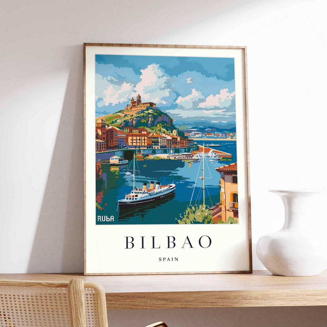 Bilbao Spain Retro Travel Art With Vintage Ship Harbor Print