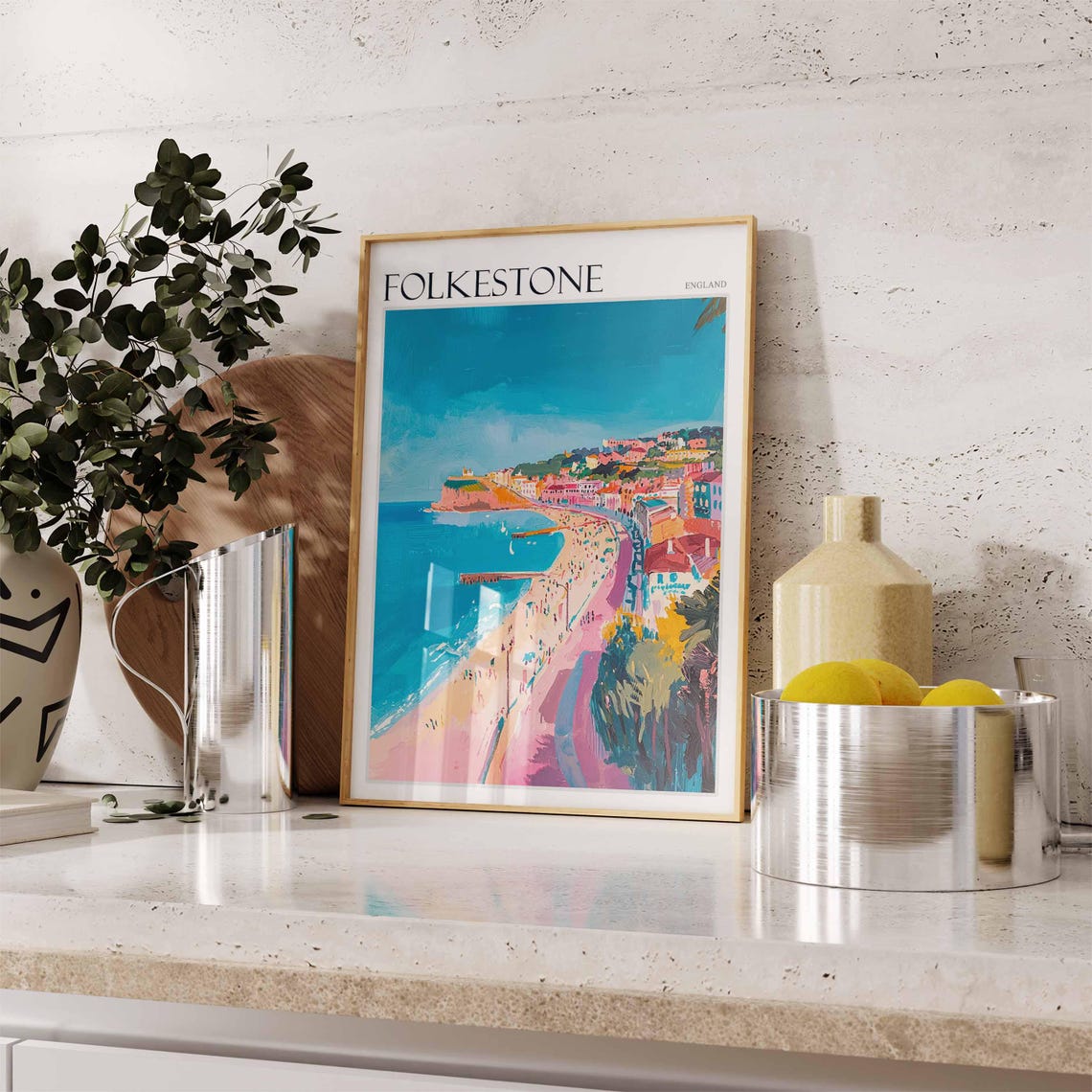Folkestone Aerial Beach Harbor Arm Colorful Coastal Town Summer Poster - Image 2