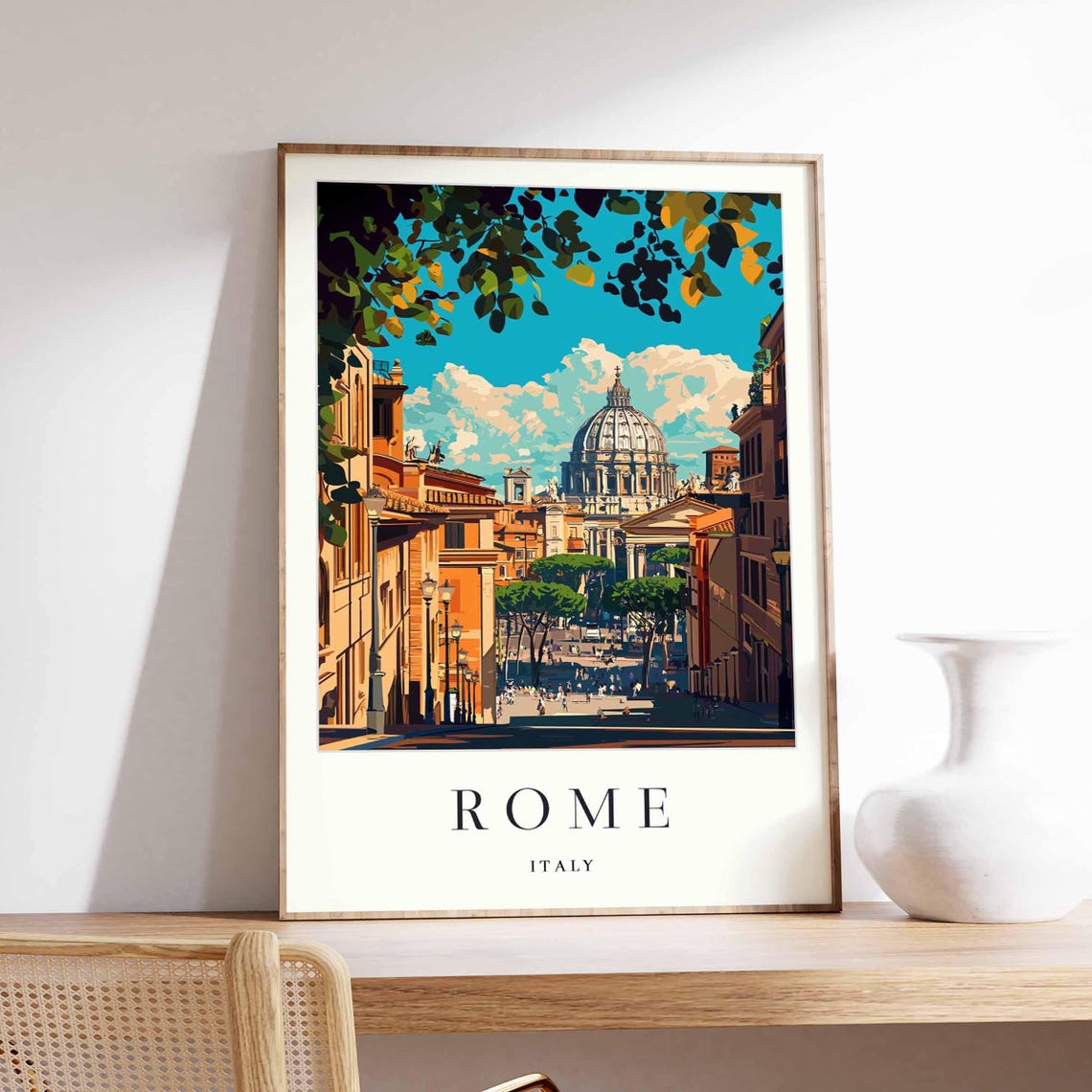 Rome Italy Poster With Saint Peters Basilica Dome And Old Town Street