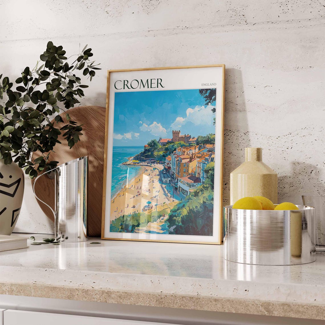 Cromer England Beach with Castle Hill and Red Rooftops Poster - Image 2