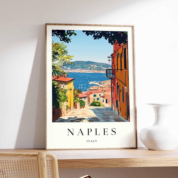 Naples Italy Cobblestone Alley Framed By Leaves Travel Poster