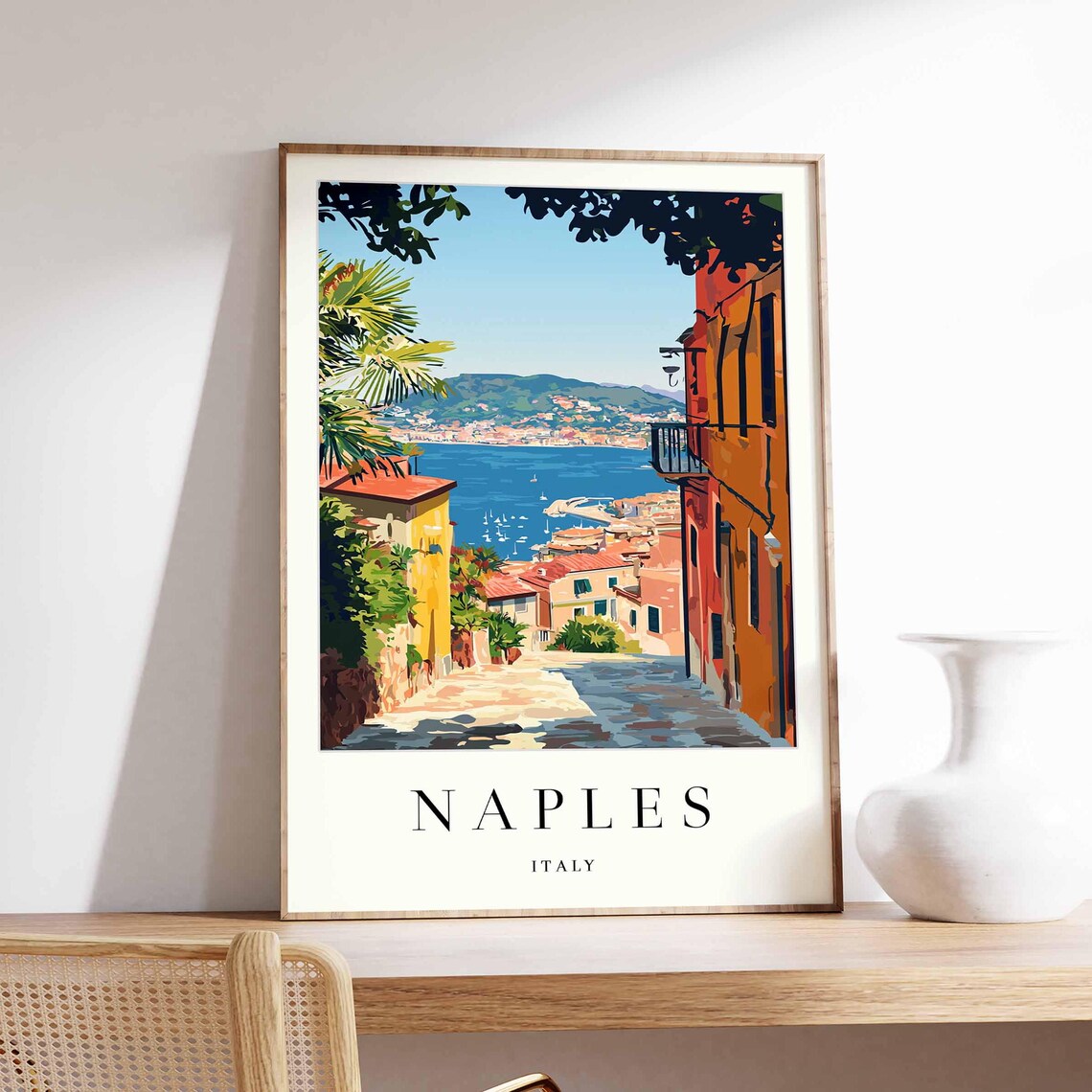 Naples Italy Cobblestone Alley Framed By Leaves Travel Poster