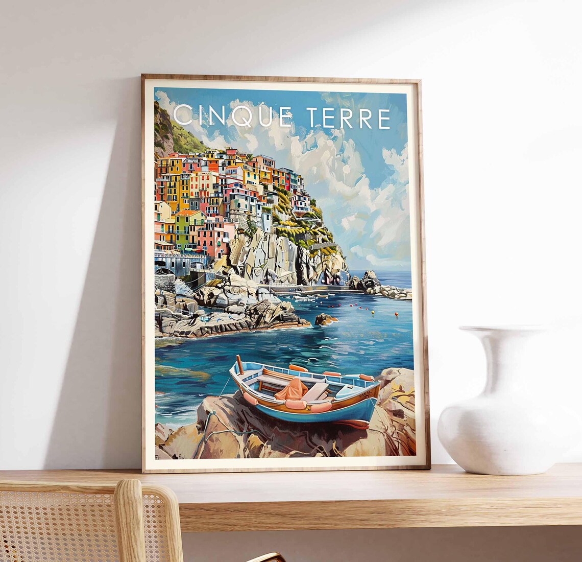 Cinque Terre Hillside Village Fishing Boat Italy Travel Poster
