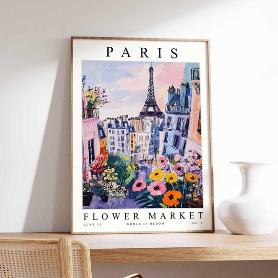 Paris Eiffel Tower Street Blossom Market Pink Sunset Bloom Poster