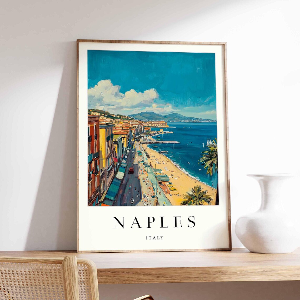 Naples Italy Aerial Beach Promenade With Palms Travel Poster