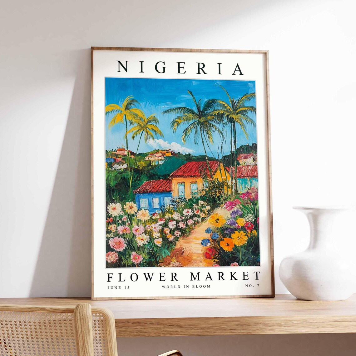 Nigeria Flower Market Palm Trees Tropical Bloom Village Poster