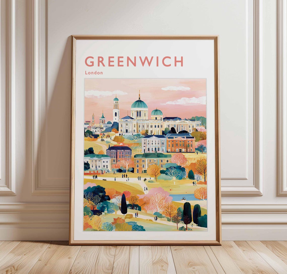 Greenwich London Royal Naval College Twin Domes Pastel Travel Poster