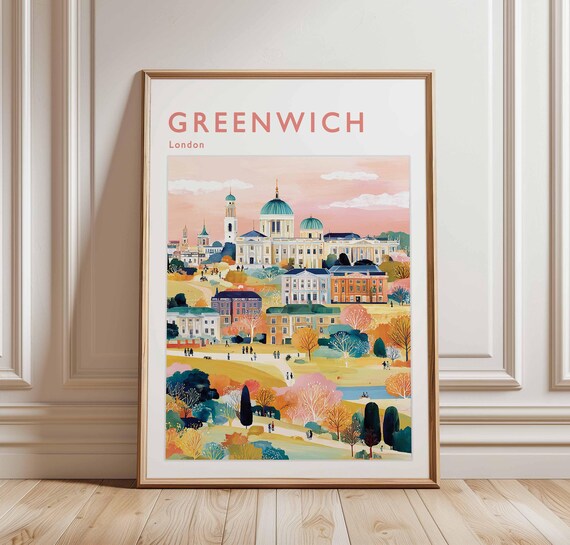 Greenwich London Royal Naval College Twin Domes Pastel Travel Poster