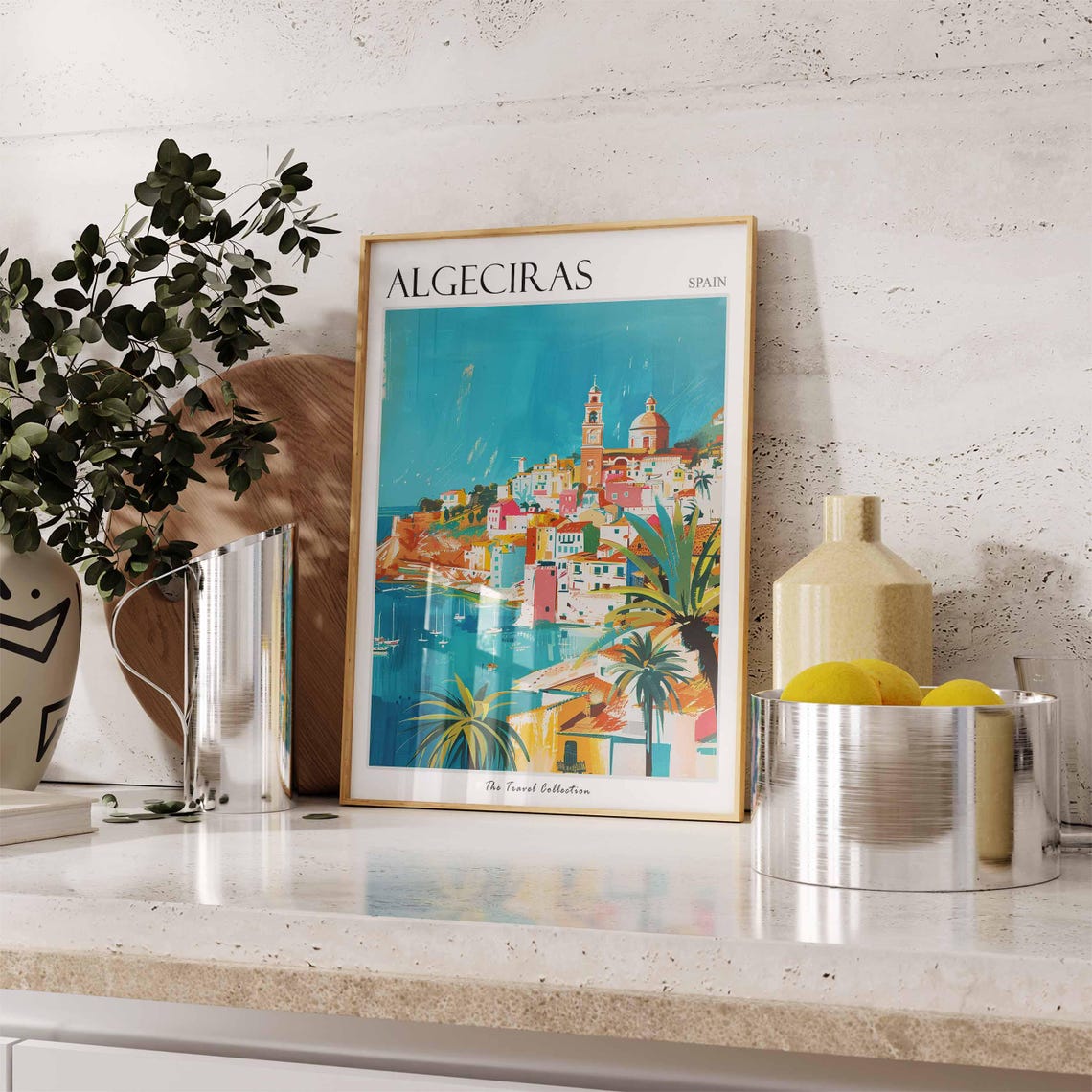 Algeciras Spain Colorful Coastal Town Church Harbor Painting Poster - Image 3