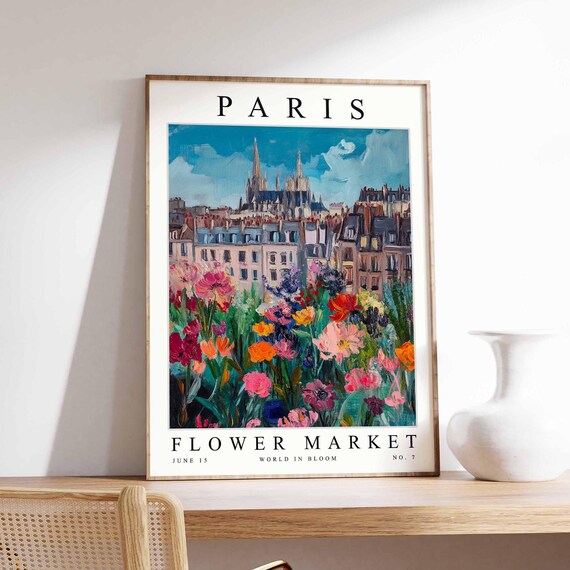 Paris Flower Market Cathedral Spires and Wildflower Meadow Art Poster