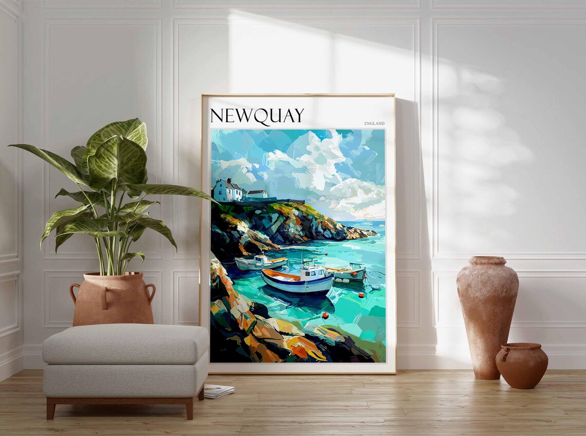 Newquay England Fishing Boats Turquoise Cove Cliff Cottage Poster - Image 3
