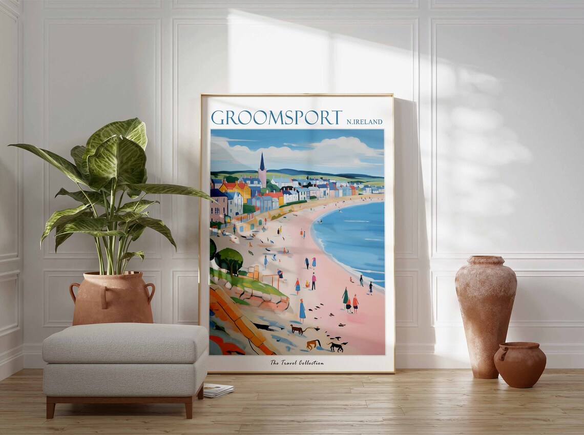 Groomsport Northern Ireland Pink Beach Dogs Coastal Art Travel Poster - Image 2