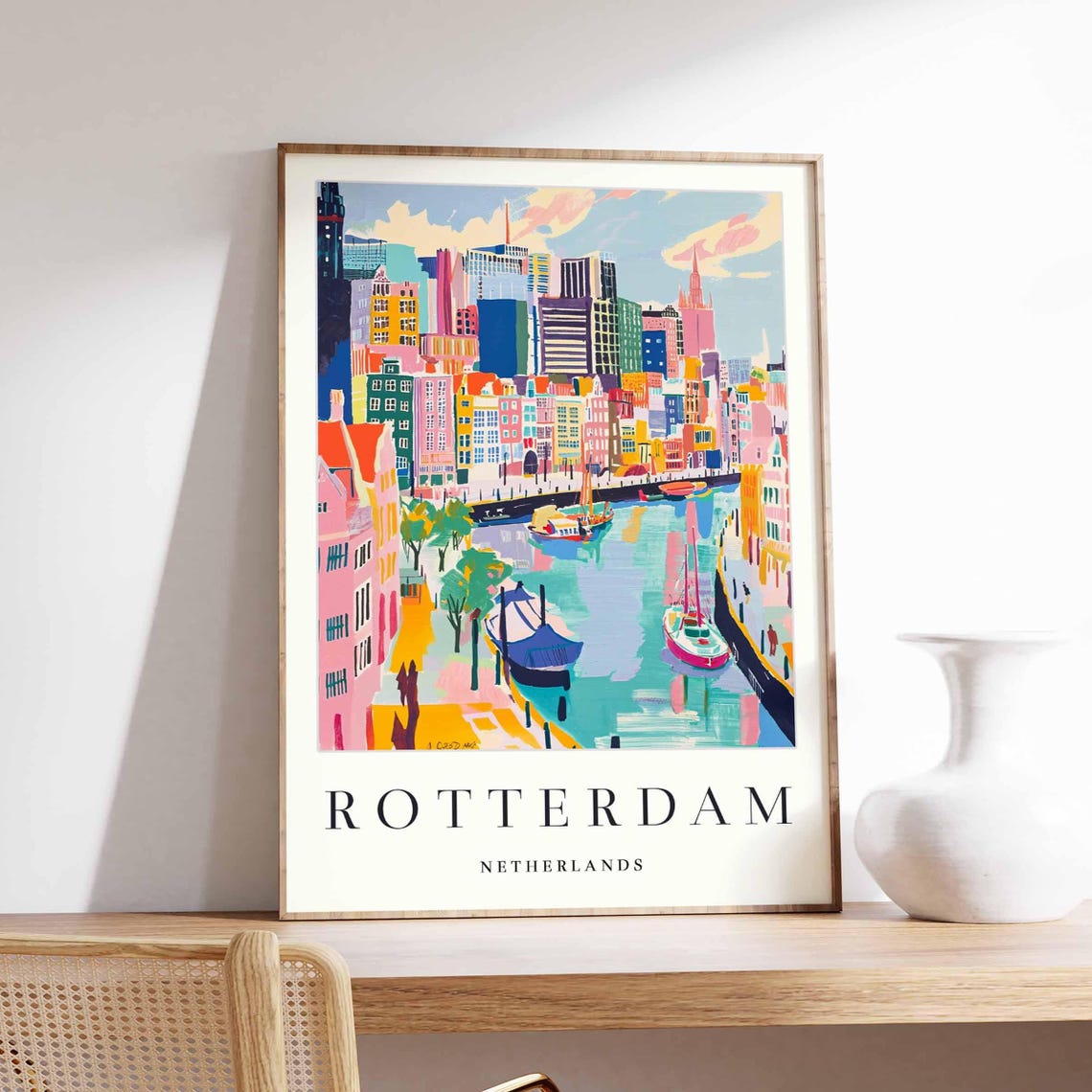 Rotterdam Netherlands Poster With Colorful Canal And Pastel Skyline