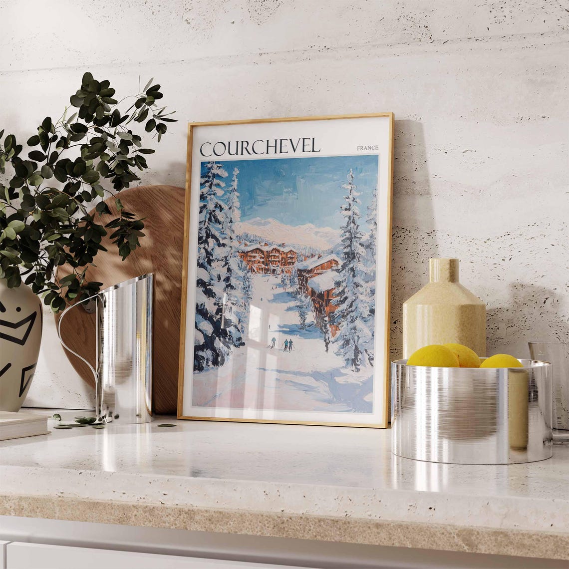 Courchevel France Sunny Ski Slope Chalets Winter Snow Pines Poster - Image 2