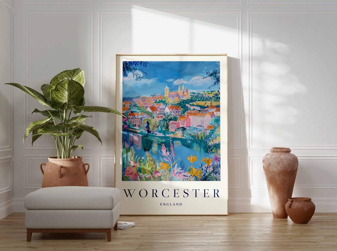Worcester England Riverside Cathedral Wildflowers Travel Poster - Image 2