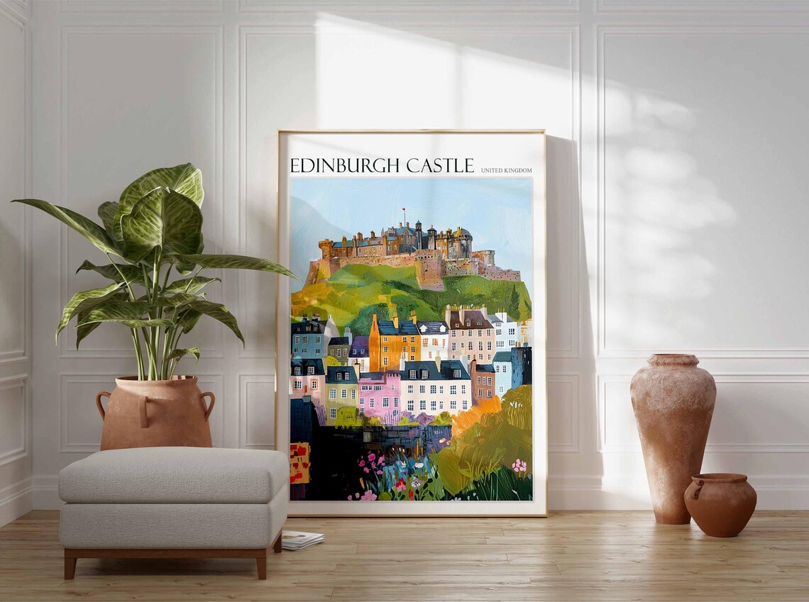 Edinburgh Castle United Kingdom Pastel Terraced Houses Floral Poster - Image 2