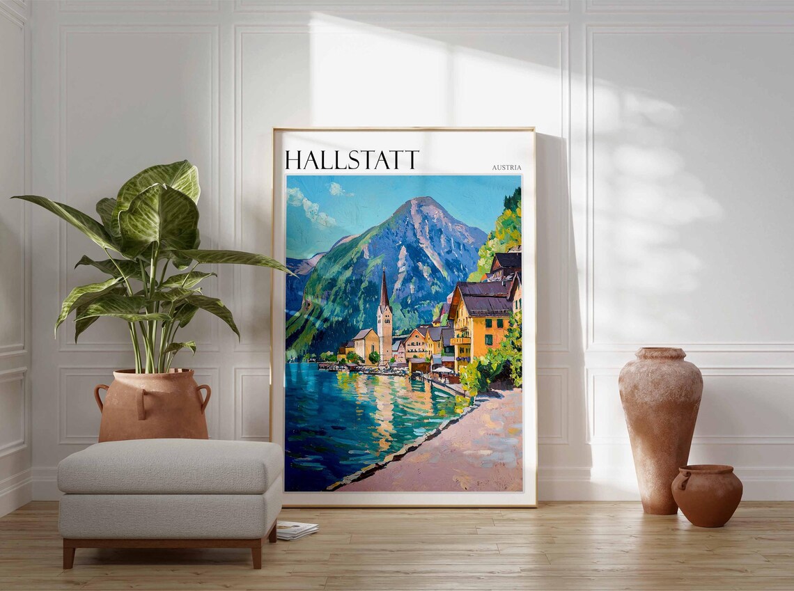 Hallstatt Austria Painted Lakeshore Village Church Travel Poster - Image 3