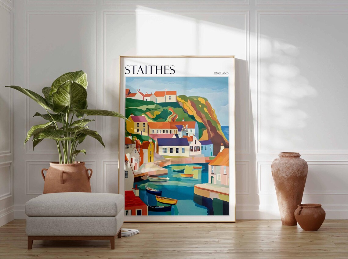 Staithes Harbor Basin Boats Cliffs Colorful Village England Art Poster - Image 2