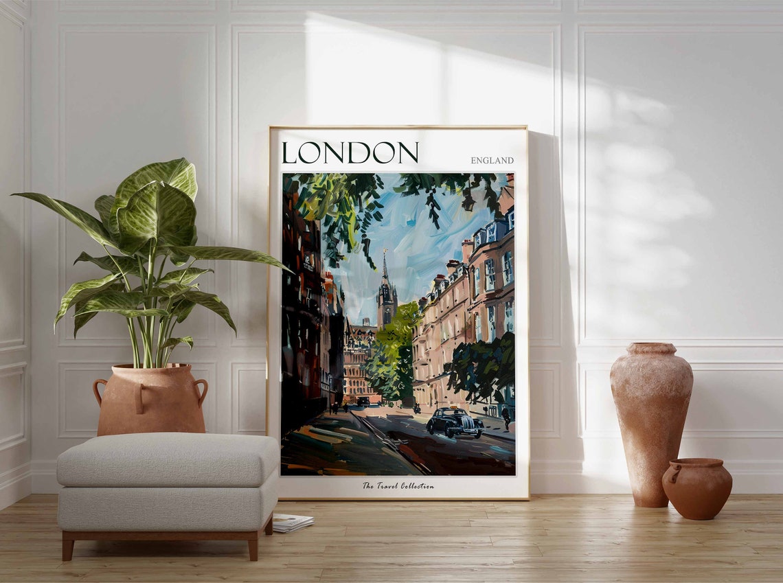 London England City Street Black Cab Clock Tower Painted Travel Poster - Image 2