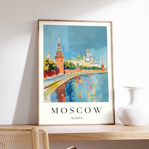 Moscow Russia Kremlin Red Square River Vintage Watercolor Travel Poster