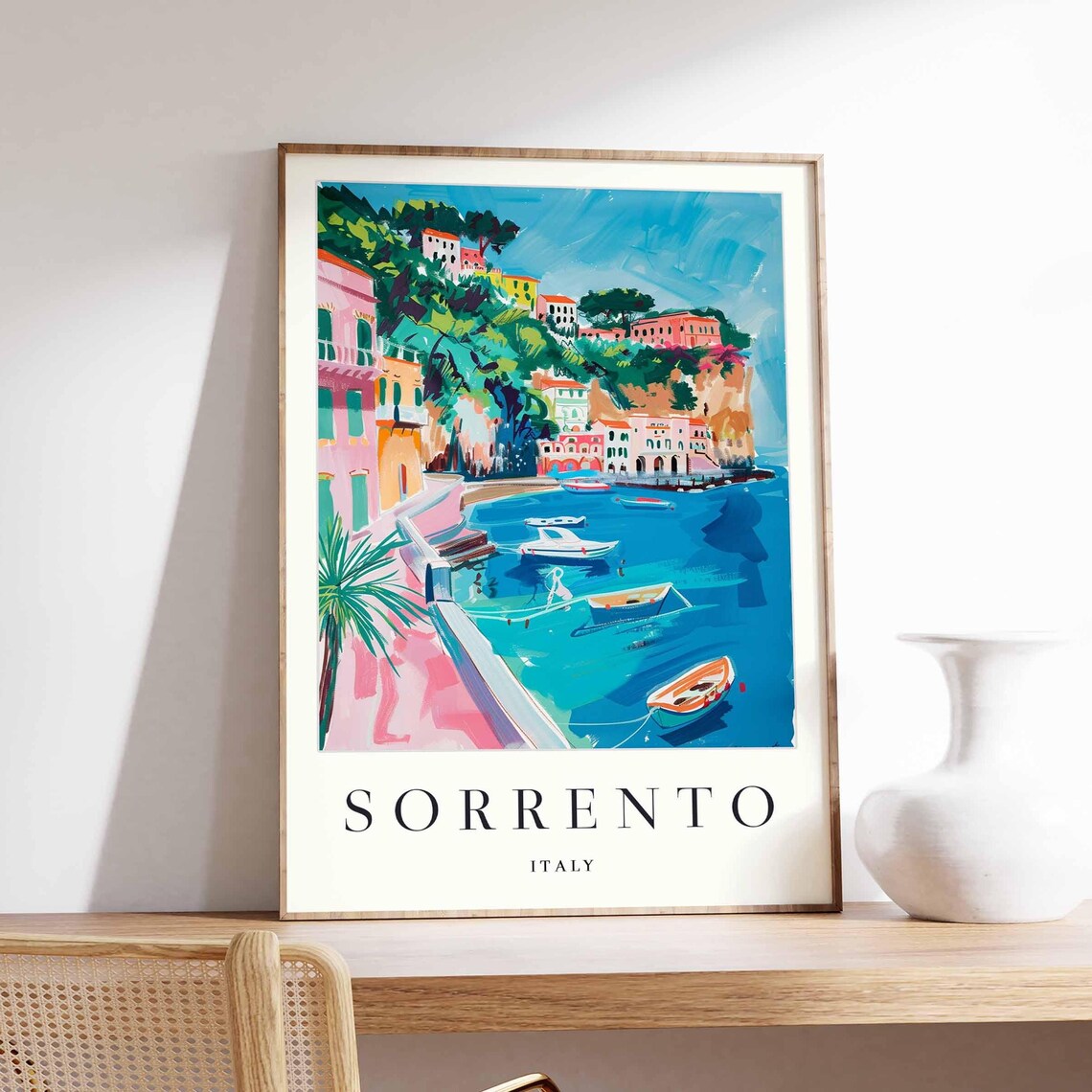 Sorrento Italy Colorful Coast Boats Seaside Travel Art Poster