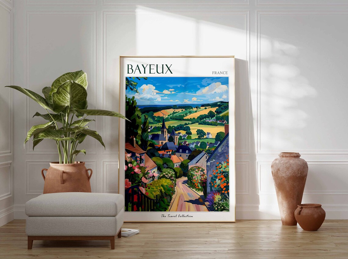 Bayeux France Village Street Church Spire Countryside Travel Poster - Image 3