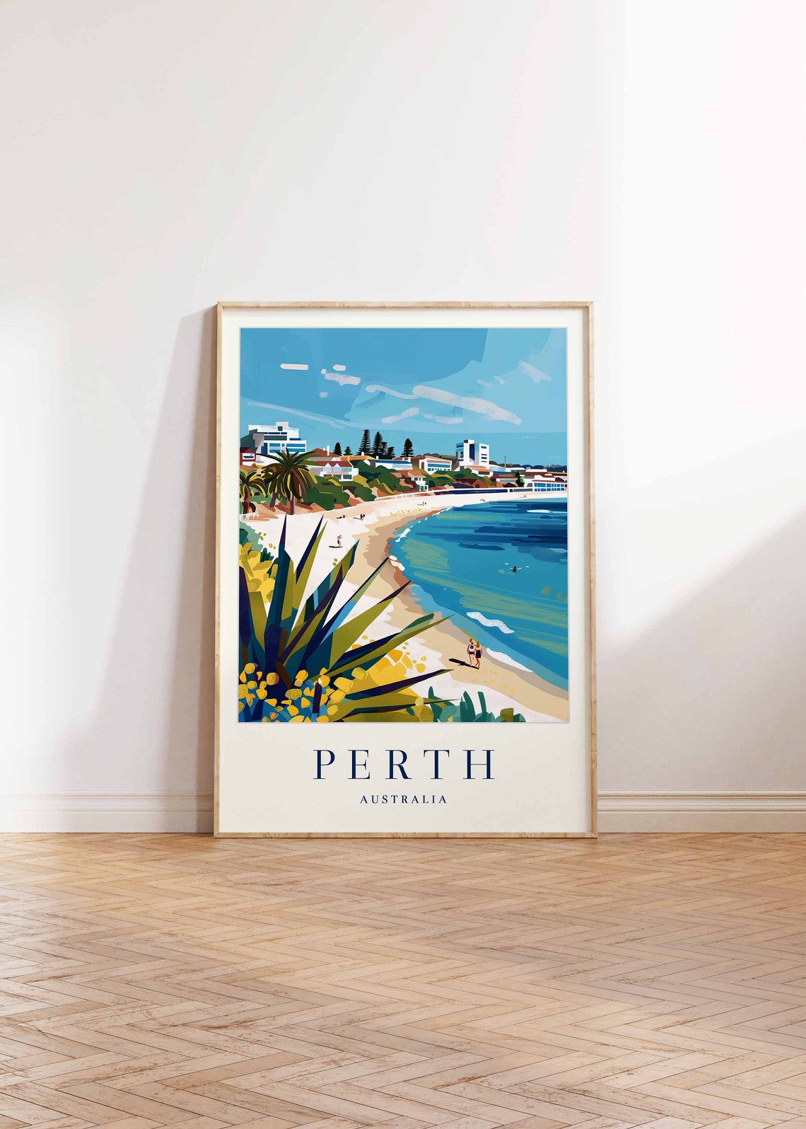Perth Australia Sunny Beach With Coastal Buildings Travel Poster - Image 2