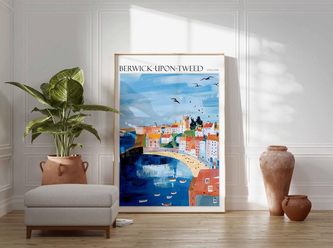 Berwick upon Tweed Harbour Bay Boats Seagulls Flat Illustration Poster - Image 3