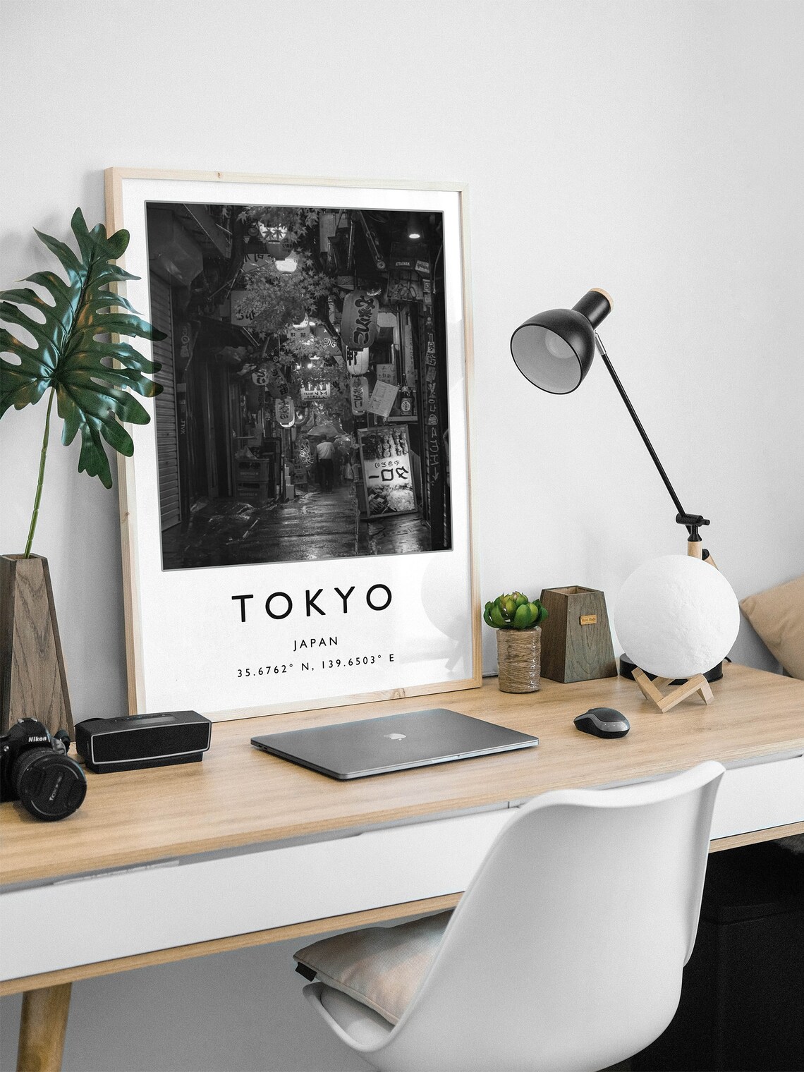Tokyo Japan Night Alley Lanterns Black White Photography Poster - Image 2