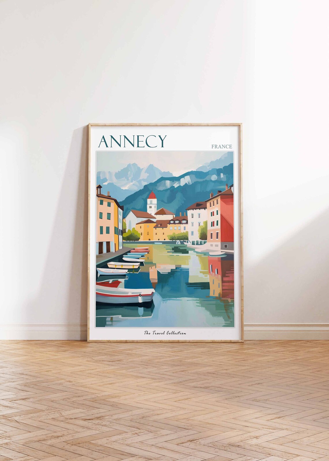 Annecy France Travel Poster Lake Harbor Boats Church Mountain View - Image 2