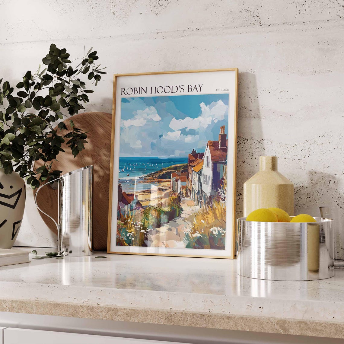 Robin Hood's Bay England Painted Cliff Path Sailboats Poster - Image 3