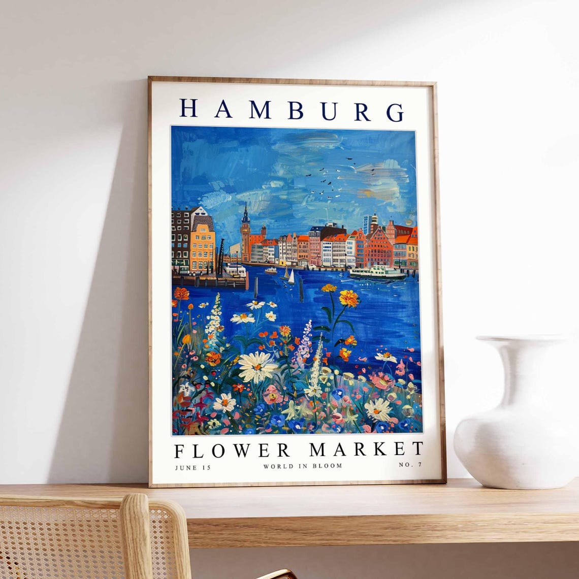 Hamburg Flower Market Deep Blue Harbor Waterfront Blooms Poster