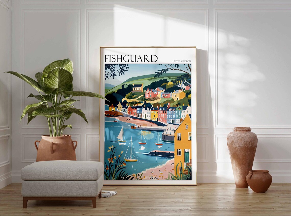 Fishguard Wales Colorful Harbor Sailboats Coastal Art Poster - Image 3
