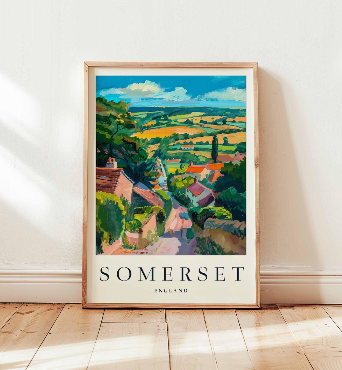 Somerset England Village Valley Cottage Roofs Bright Travel Poster