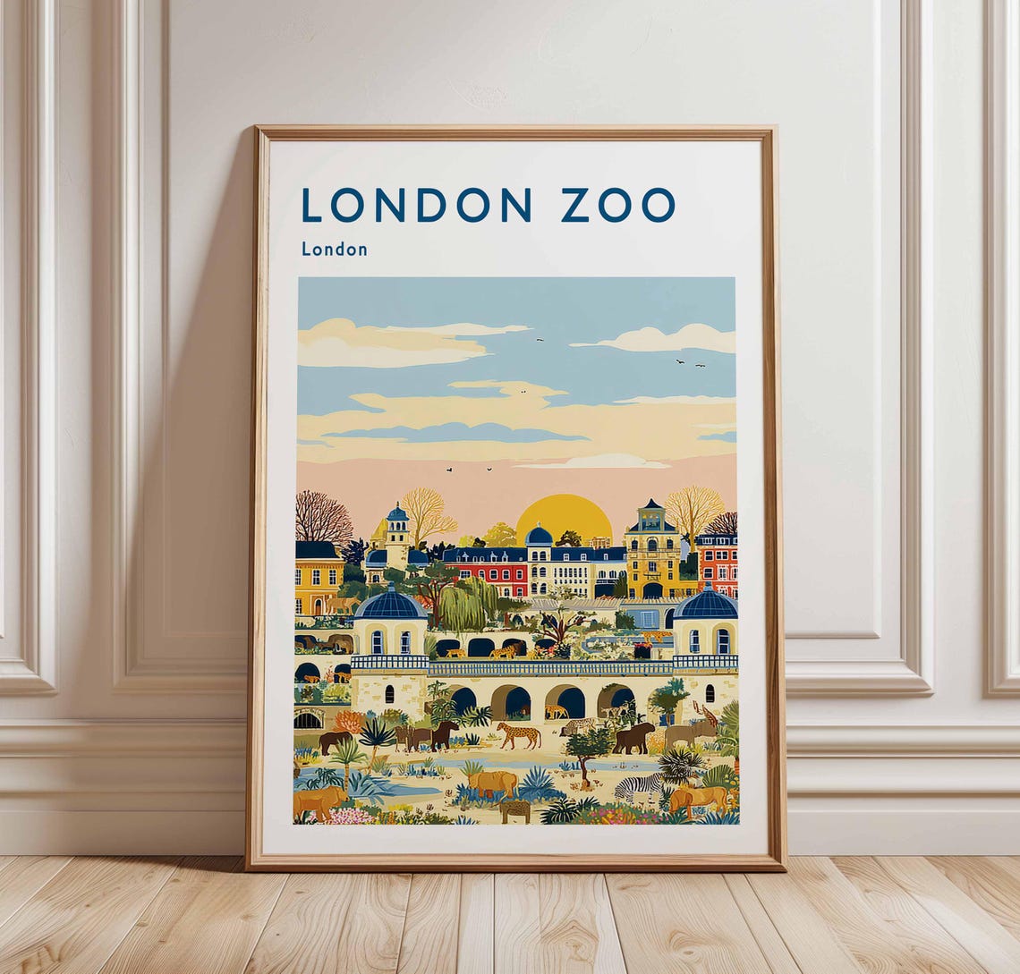London Zoo Travel Poster Vintagestyle British Wildlife Art