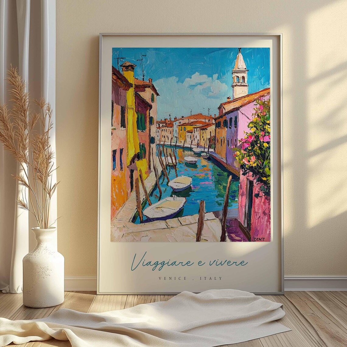 Venice Italy Colorful Canal Boats Bell Tower Watercolor Travel Poster - Image 2