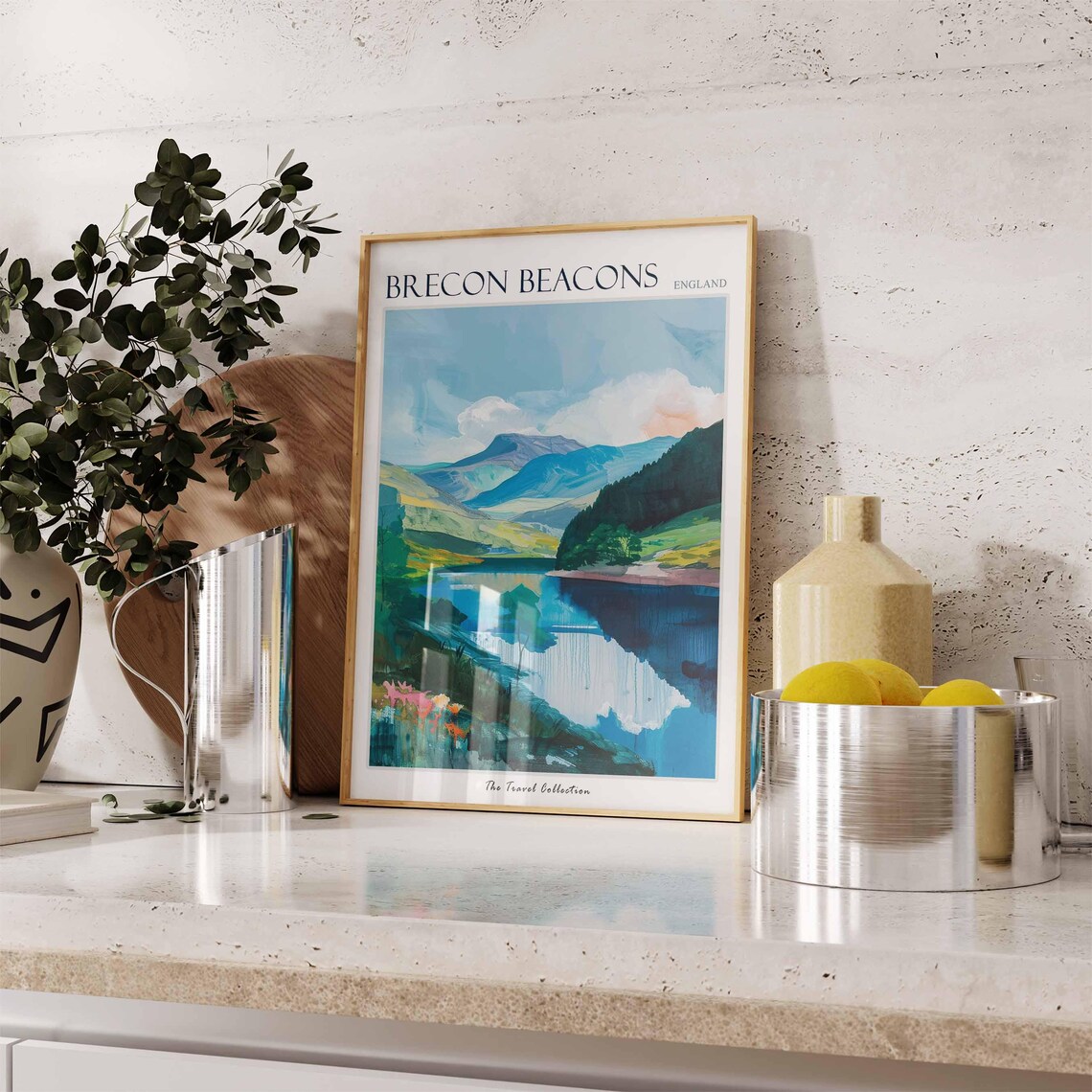 Brecon Beacons Mountain Lake Reflections Watercolor Travel Poster - Image 3